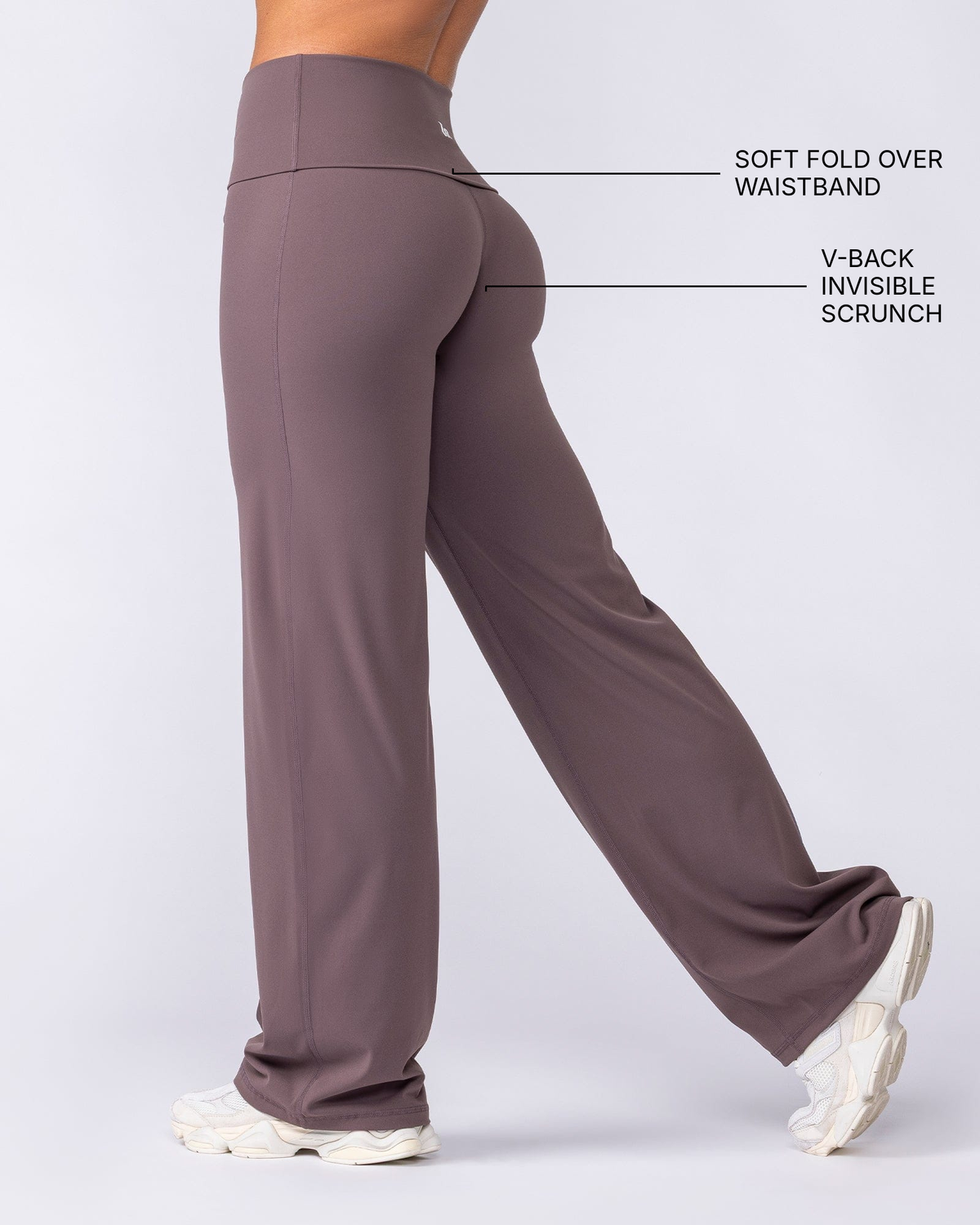 Aura Fold Over Straight Leg Leggings Regular - Umber - Muscle Nation feature callouts: soft fold over waistband, V-back invisible scrunch