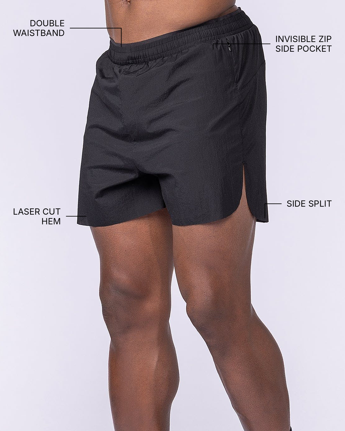 Compete 3" Run Shorts - Black - Muscle Nation feature callouts: double waistband, laser cut hem, invisible zip side pocket, side split