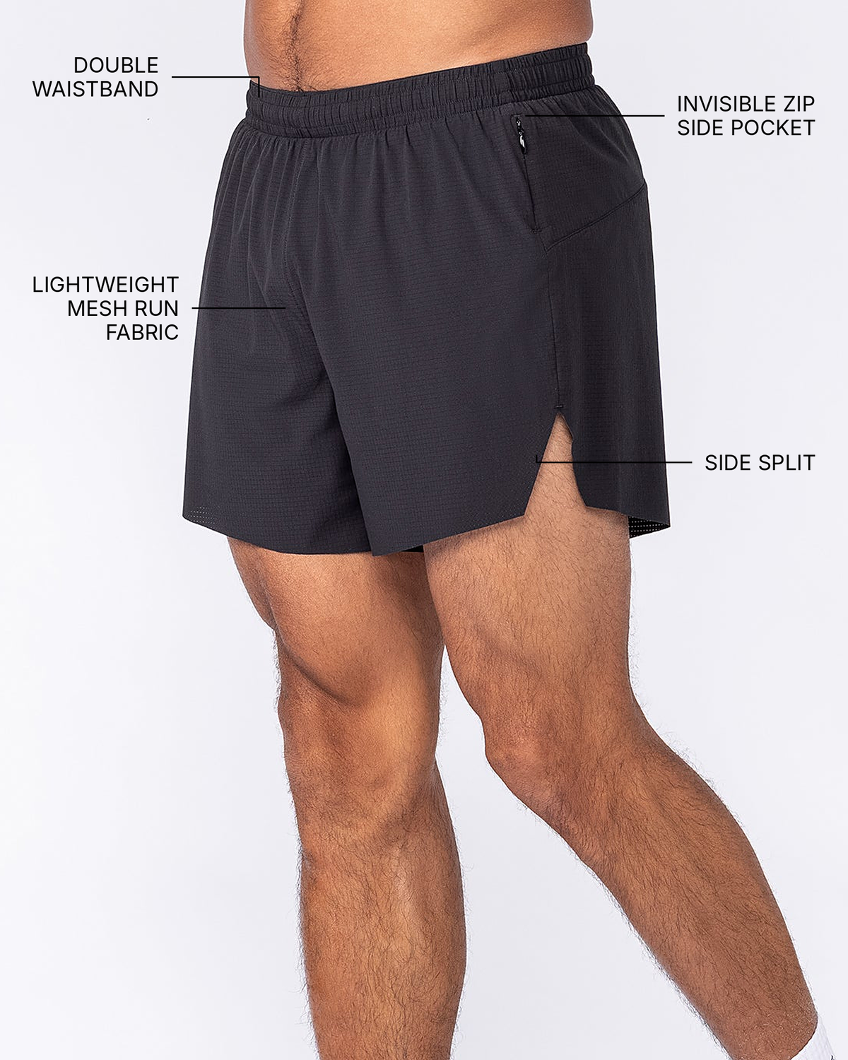 Interval 5" Run Shorts - Black - Muscle Nation feature callouts: double waistband, lightweight mesh run fabric, invisible zip side pocket, side split