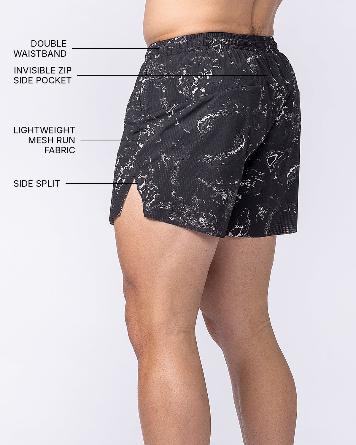 Interval 5" Run Shorts - Black Terrain - Muscle Nation feature callouts: double waistband, lightweight mesh run fabric, invisible zip side pocket, side split
