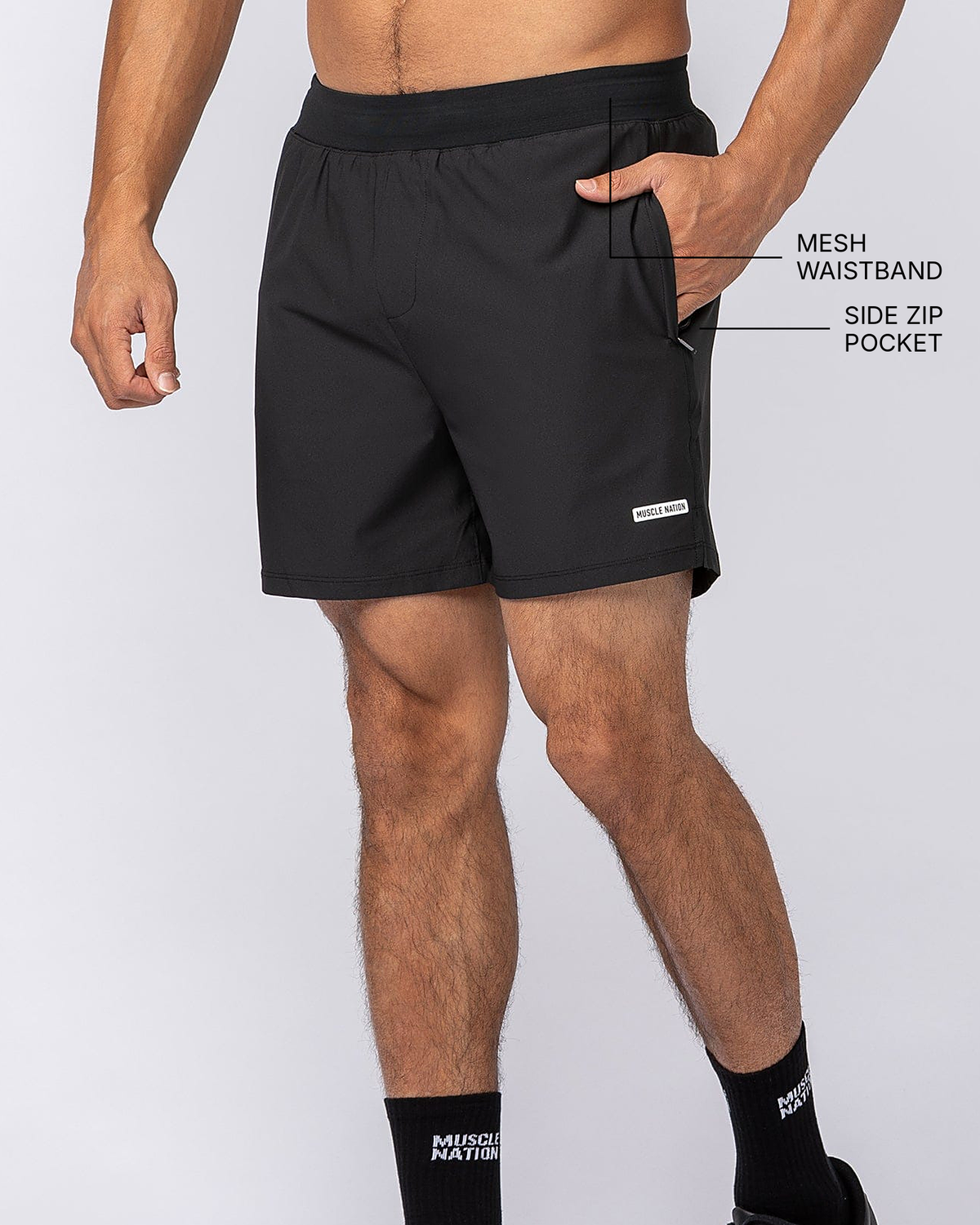 On Repeat Training 5" Shorts - Black - Muscle Nation feature callouts: mesh waistband, side zip pocket