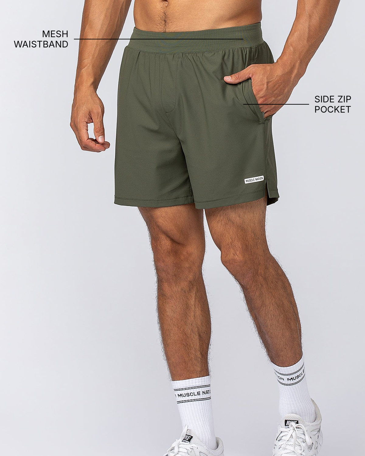 On Repeat Training 5" Shorts - Dark Khaki - Muscle Nation feature callouts: mesh waistband, side zip pocket
