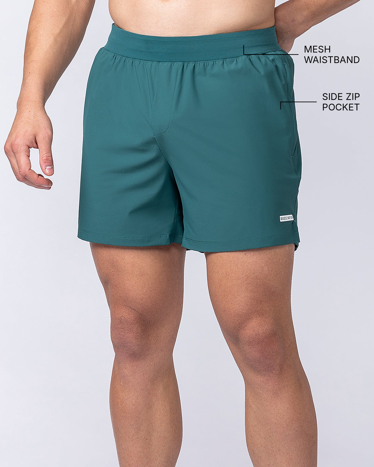 On Repeat Training 5" Shorts - Leaf - Muscle Nation feature callouts: mesh waistband, side zip pocket