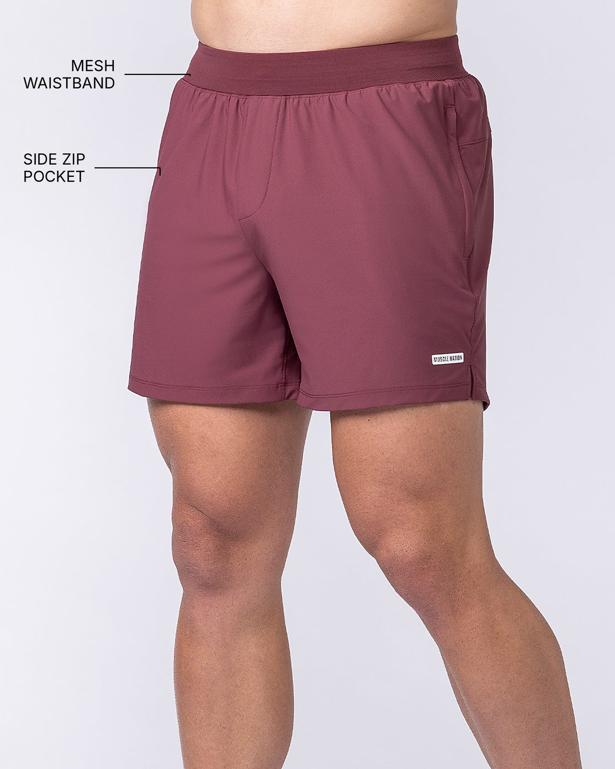 On Repeat Training 5" Shorts - Maroon - Muscle Nation feature callouts: mesh waistband, side zip pocket