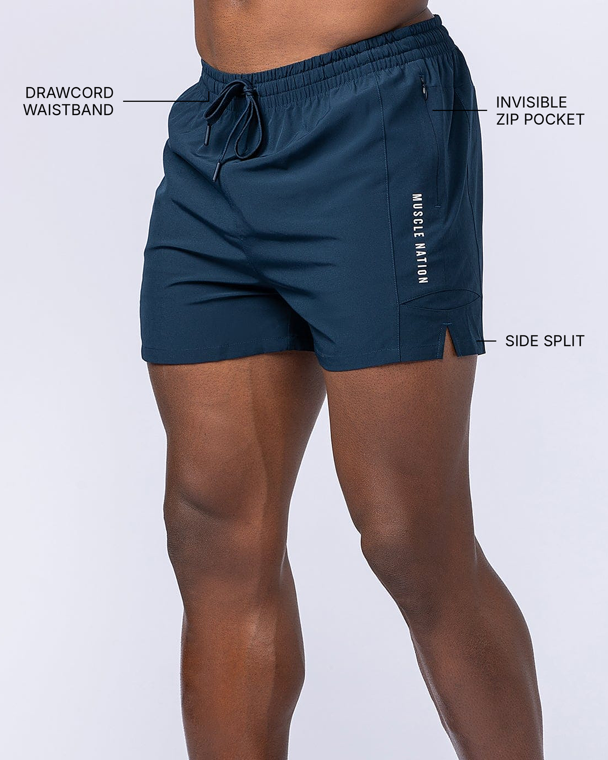 Streamline Training 3" Shorts - Navy - Muscle Nation feature callouts: drawcord waistband, invisible zip pocket, side split