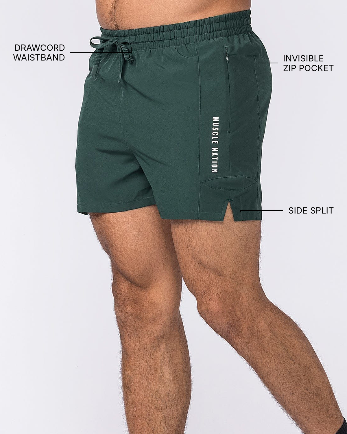 Streamline Training 3" Shorts - Sporting Green - Muscle Nation feature callouts: drawcord waistband, invisible zip pocket, side split
