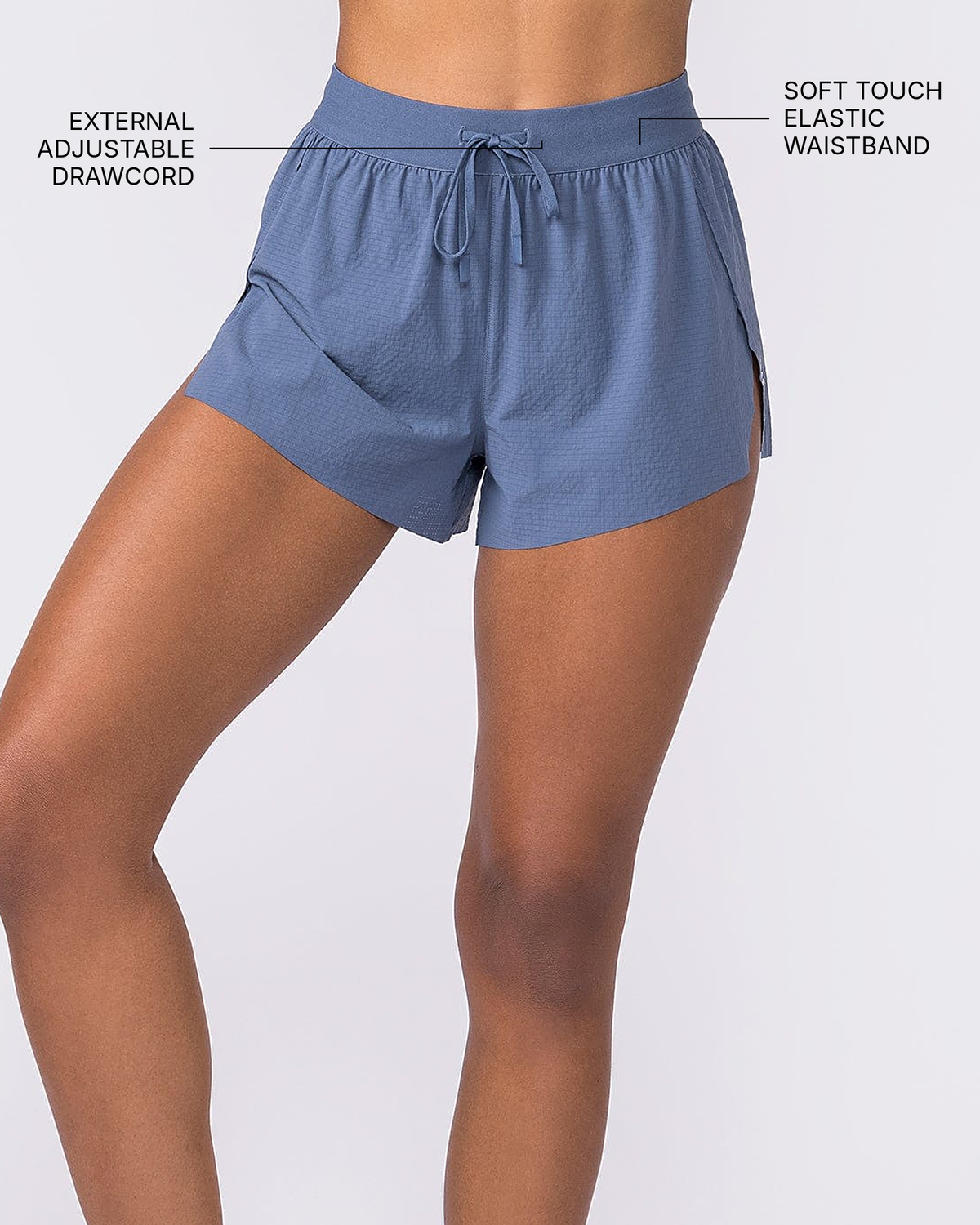 Tempo 3" Run Shorts - Arctic - Muscle Nation feature callouts (side view): external adjustable drawcord, soft touch elastic waistband