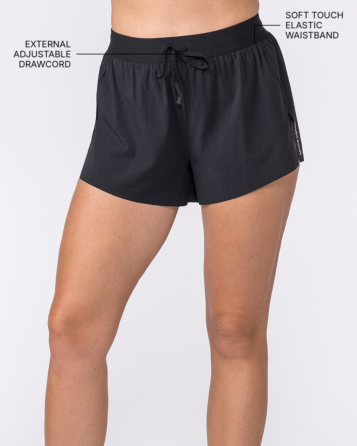 Tempo 3" Run Shorts - Black - Muscle Nation feature callouts (side view): external adjustable drawcord, soft touch elastic waistband