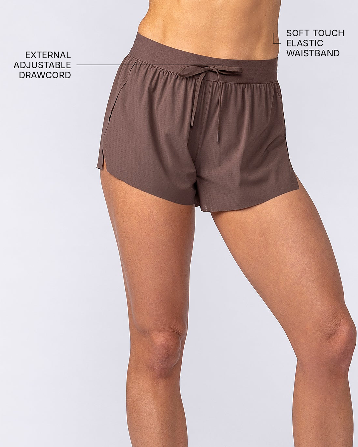 Tempo 3" Run Shorts - Chestnut - Muscle Nation feature callouts (side view): external adjustable drawcord, soft touch elastic waistband