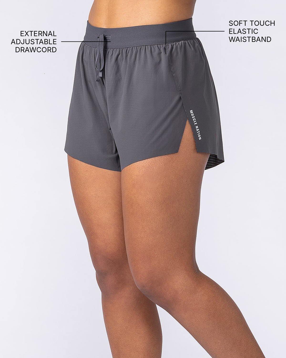 Tempo 3" Run Shorts - Phantom - Muscle Nation feature callouts (side view): external adjustable drawcord, soft touch elastic waistband