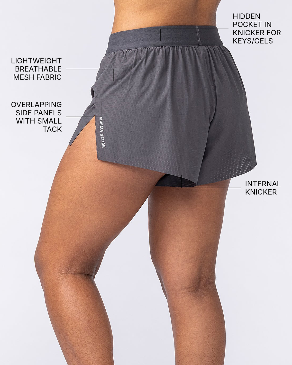 Tempo 3" Run Shorts - Phantom - Muscle Nation feature callouts (back view): hidden pocket in knicker for keys/gels, overlapping side panels with small tack, lightweight breathable mesh fabric, internal knicker