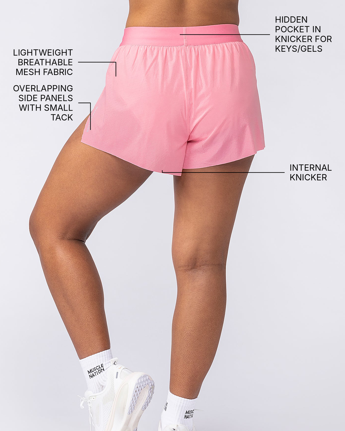Tempo 3" Run Shorts - Pink Icing - Muscle Nation feature callouts (back view): hidden pocket in knicker for keys/gels, overlapping side panels with small tack, lightweight breathable mesh fabric, internal knicker