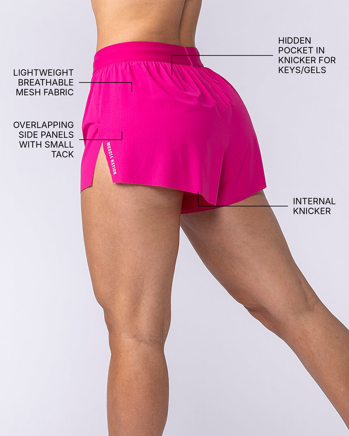 Tempo 3" Run Shorts - Raspberry - Muscle Nation feature callouts (back view): hidden pocket in knicker for keys/gels, overlapping side panels with small tack, lightweight breathable mesh fabric, internal knicker