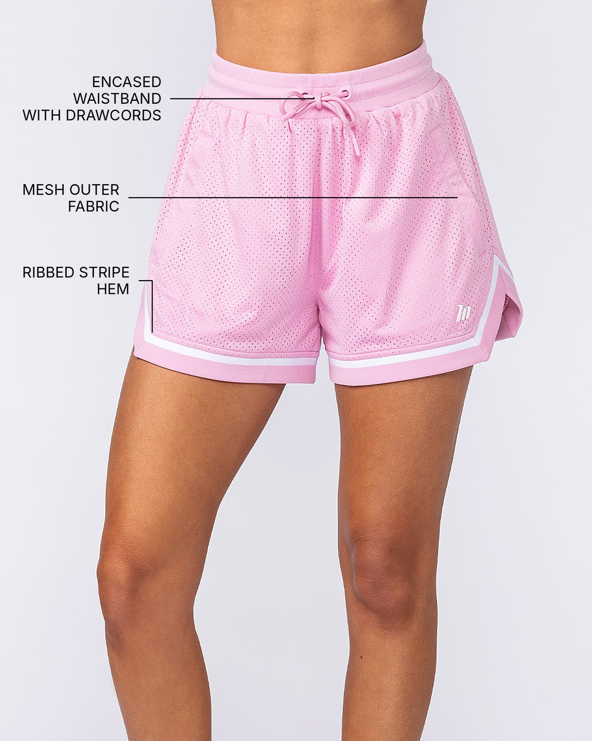 Womens 3" Basketball Shorts - Sweet Pink - Muscle Nation feature callouts: encased waistband with drawcords, ribbed stripe hem, mesh outer fabric