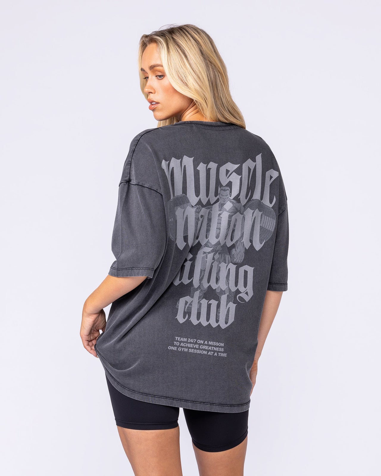 Lifting Club Oversized Vintage Tee Washed Black - Muscle Nation men's gym tee, view 8