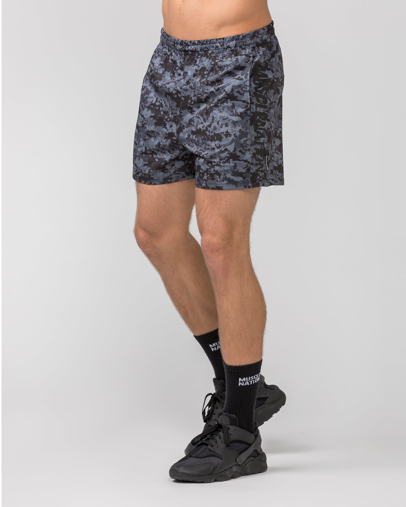 Function 4" Shorts - Grey/ Black Distressed Print-Shorts-S-062410GBDP-S-MNAPPRL31807-4-Muscle Nation