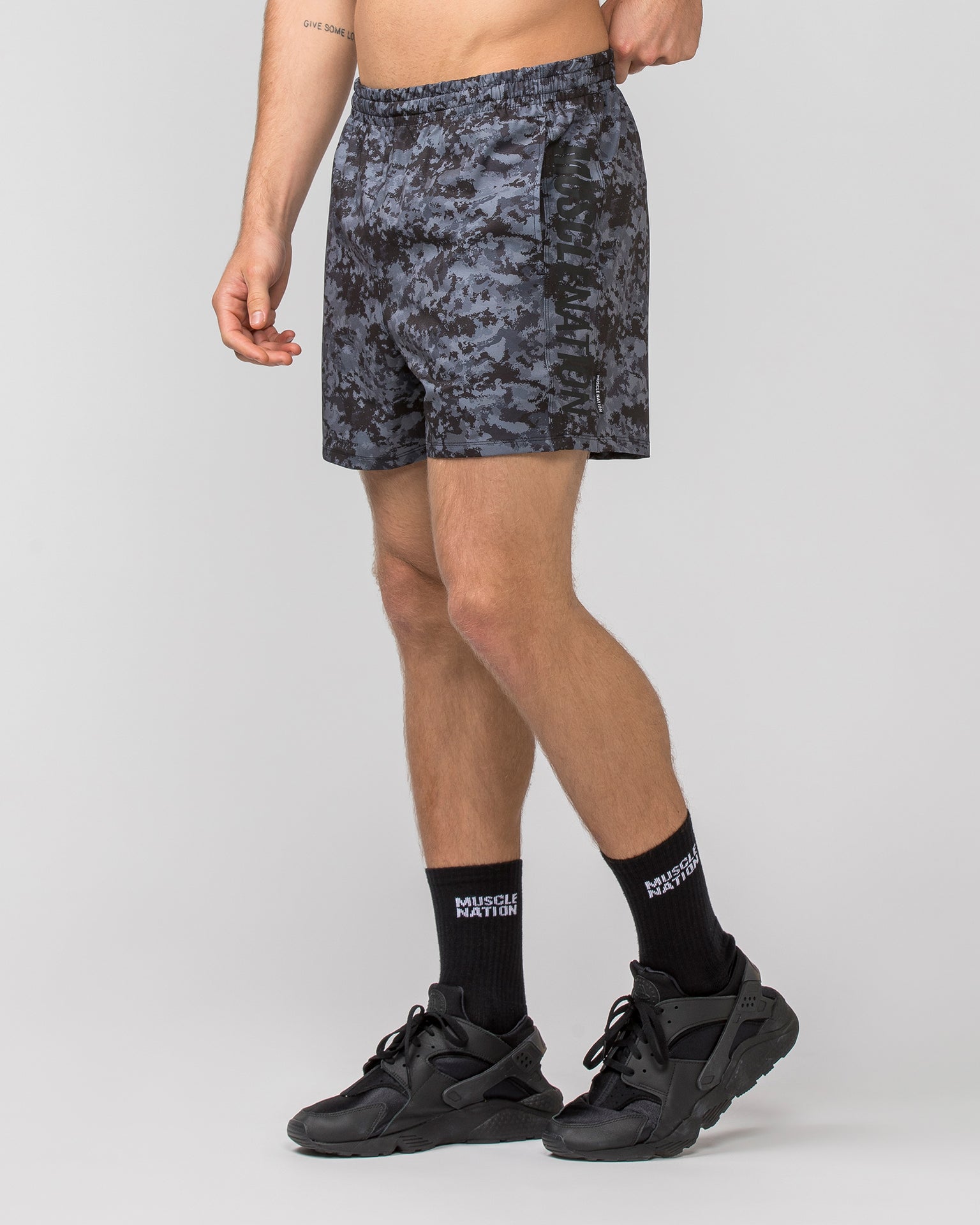 Function 4" Shorts - Grey/ Black Distressed Print-Shorts-S-062410GBDP-S-MNAPPRL31807-2-Muscle Nation