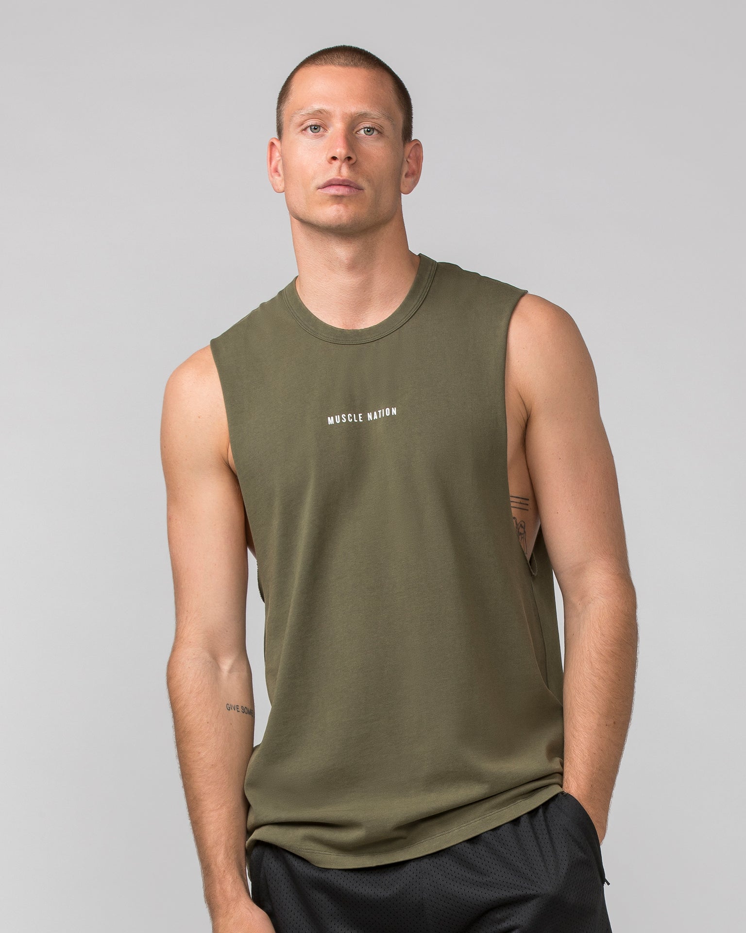 Ease Drop Arm Heavy Vintage Tank - Washed Dark Khaki-Singlets & Tanks-S-112255WHDRKH-S-MNAPPRL18584-1-Muscle Nation