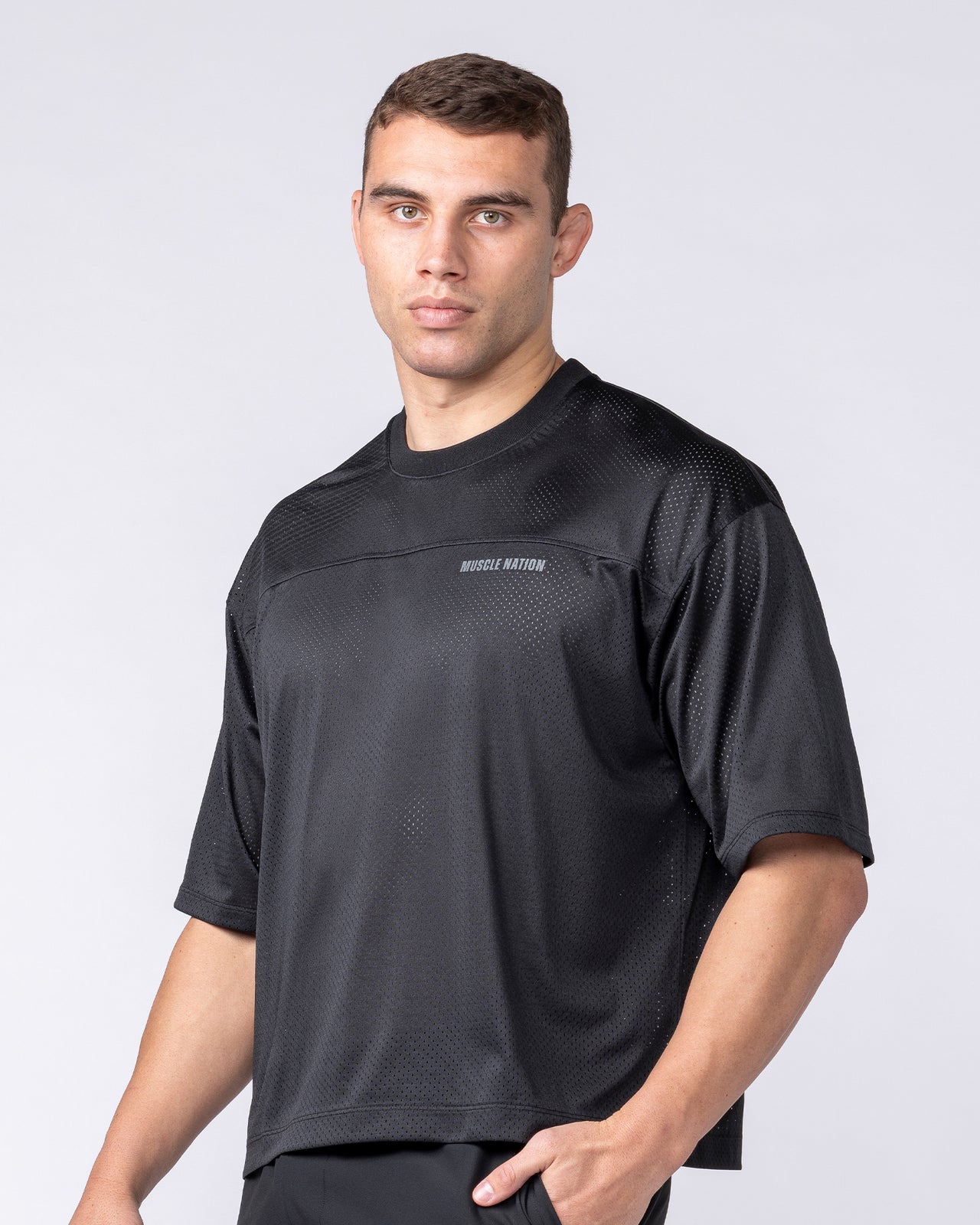 Mesh Boxy Cropped Oversized Tee - Black