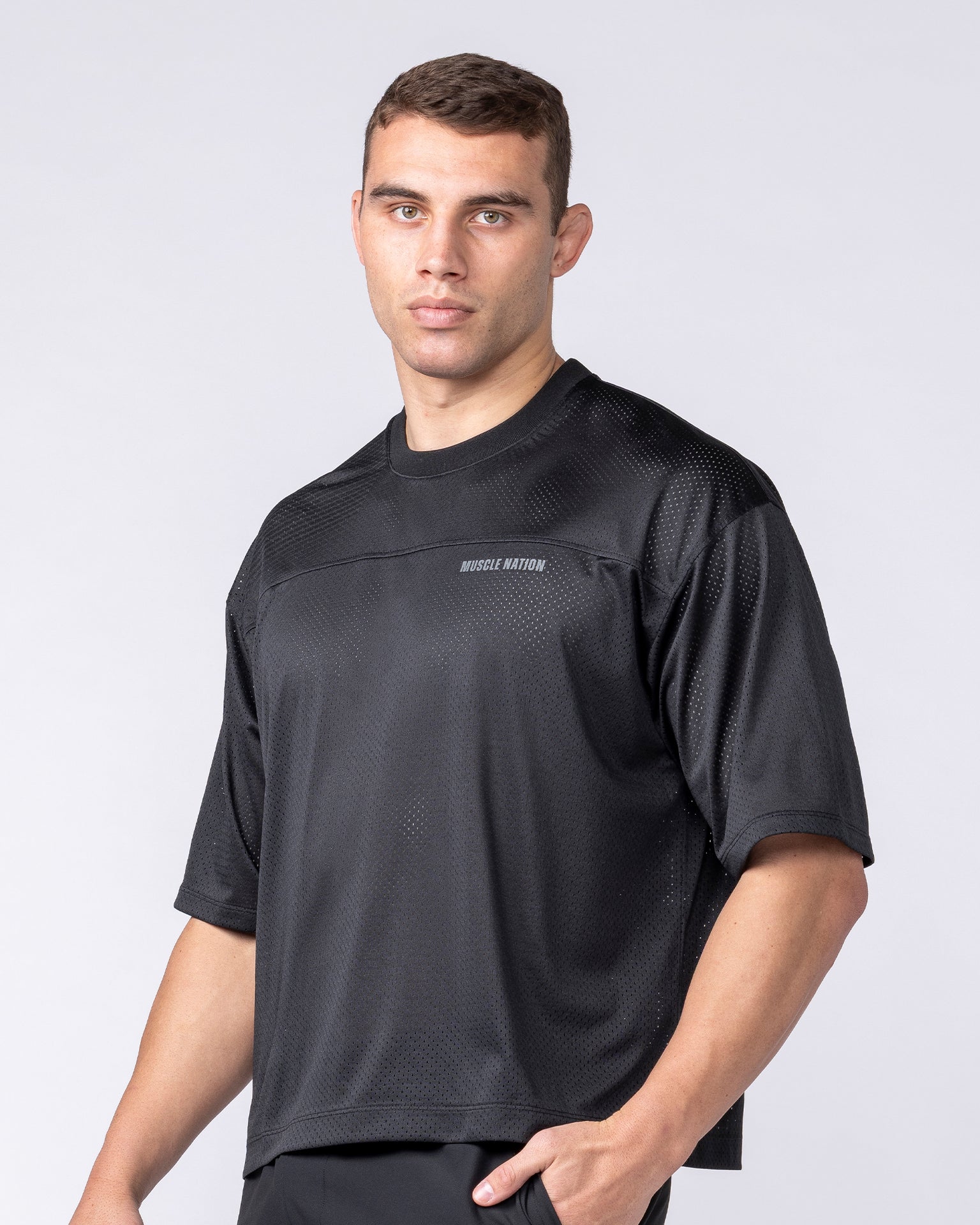 Mesh Boxy Cropped Oversized Tee - Black