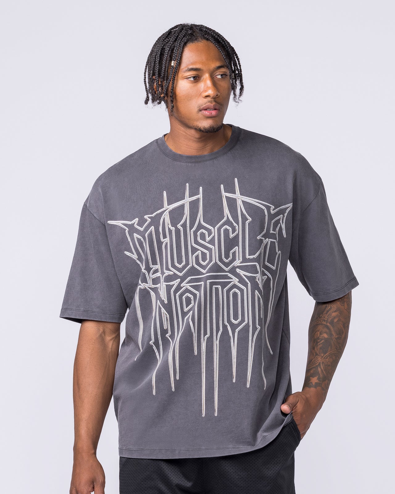 Metalcore Oversized Vintage Tee in Washed Dark Tornado - Muscle Nation men's gym tee, view 2