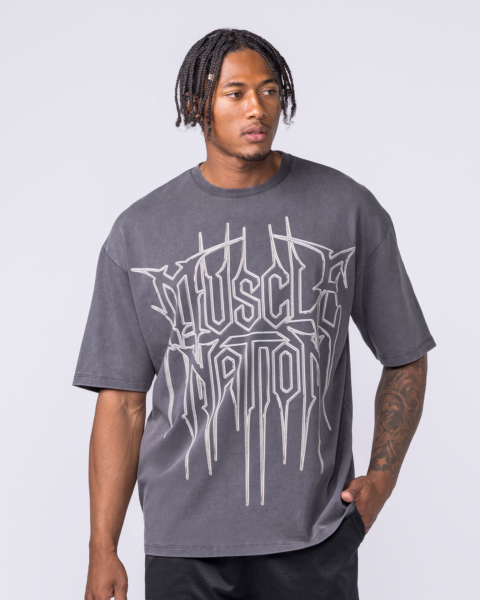 Metalcore Oversized Vintage Tee in Washed Dark Tornado - Muscle Nation men's gym tee, view 2