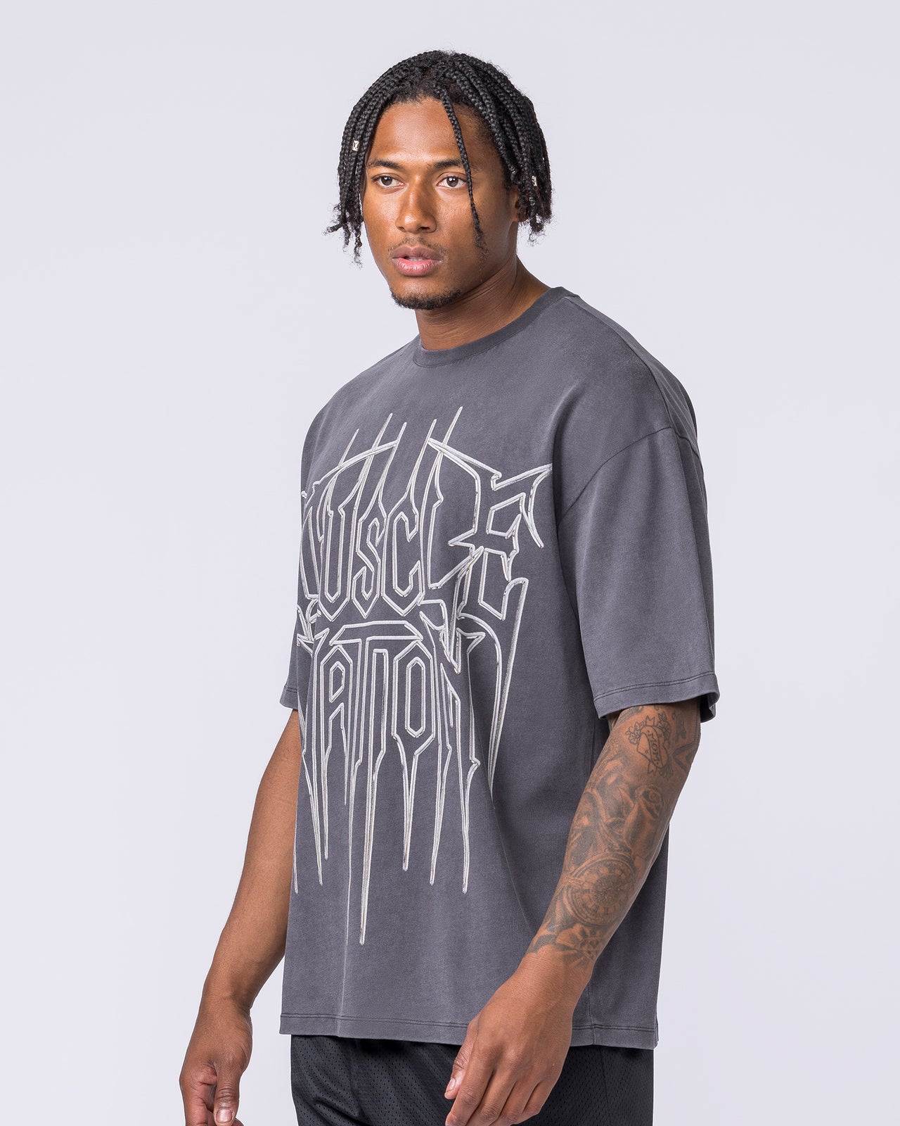 Metalcore Oversized Vintage Tee in Washed Dark Tornado - Muscle Nation men's gym tee, view 4