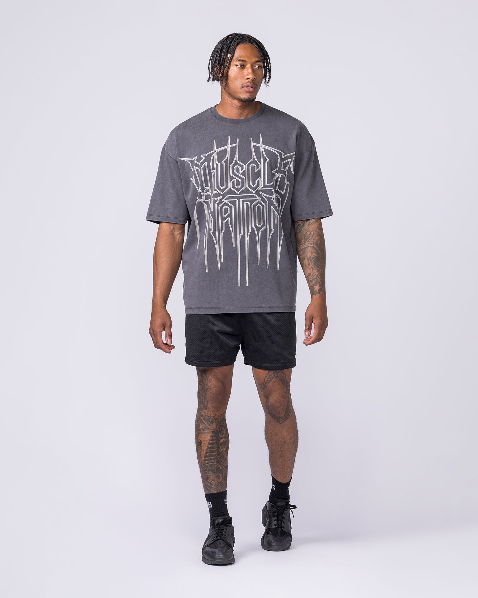 Metalcore Oversized Vintage Tee in Washed Dark Tornado - Muscle Nation men's gym tee, view 6