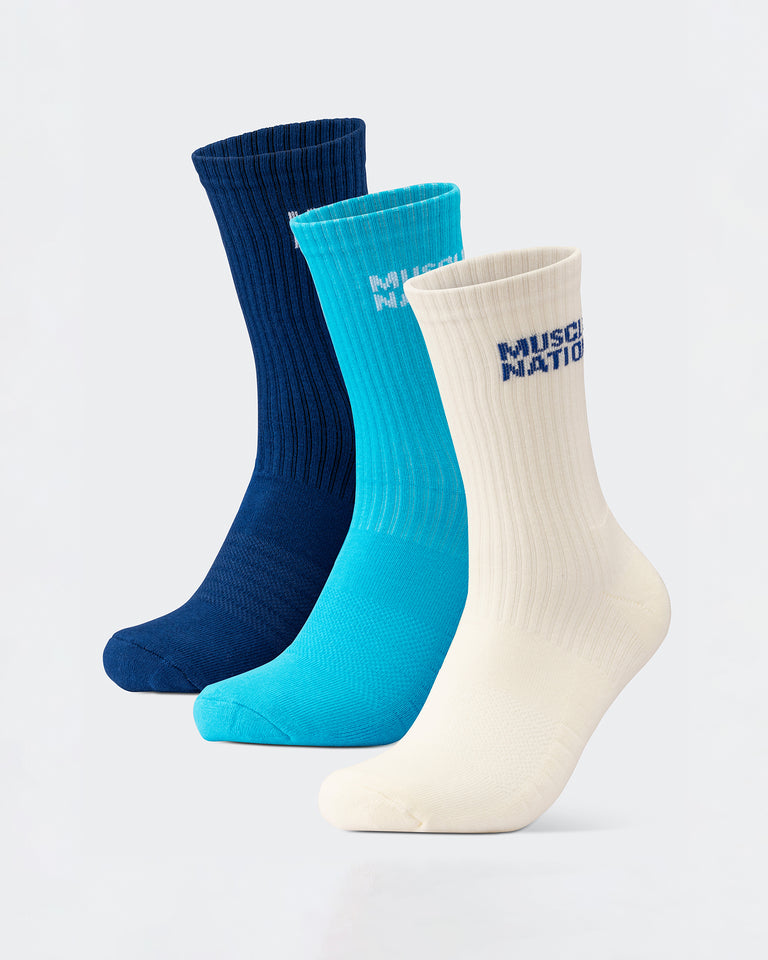 Womens Essential Crew Socks (3x Pack) - Navy / Hawaiian Blue / Off White-Socks-Navy / Hawaiian Blue / White-AC112335NVYHAWABLUWHT-ONE-MNAPPRL26511-1-Muscle Nation