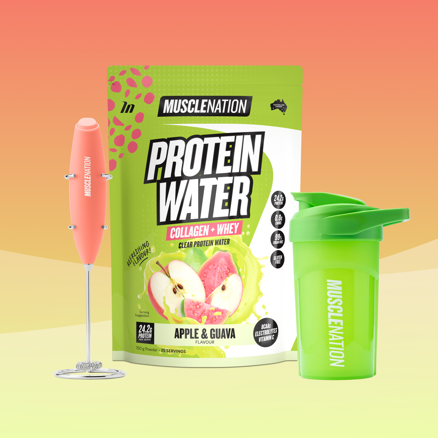MuscleNation Protein Water pouch in apple & guava flavor, shown with a pink handheld milk frother and a bright green shaker bottle on a soft peach-to-yellow gradient background.