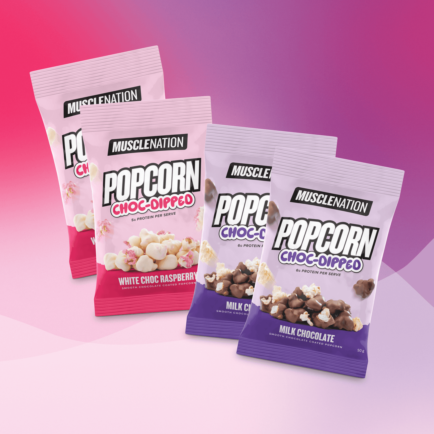 POPCORN CHOC-DIPPED - White Chocolate Raspberry/Milk Chocolate- 4x Packs - Muscle Nation Popcorn