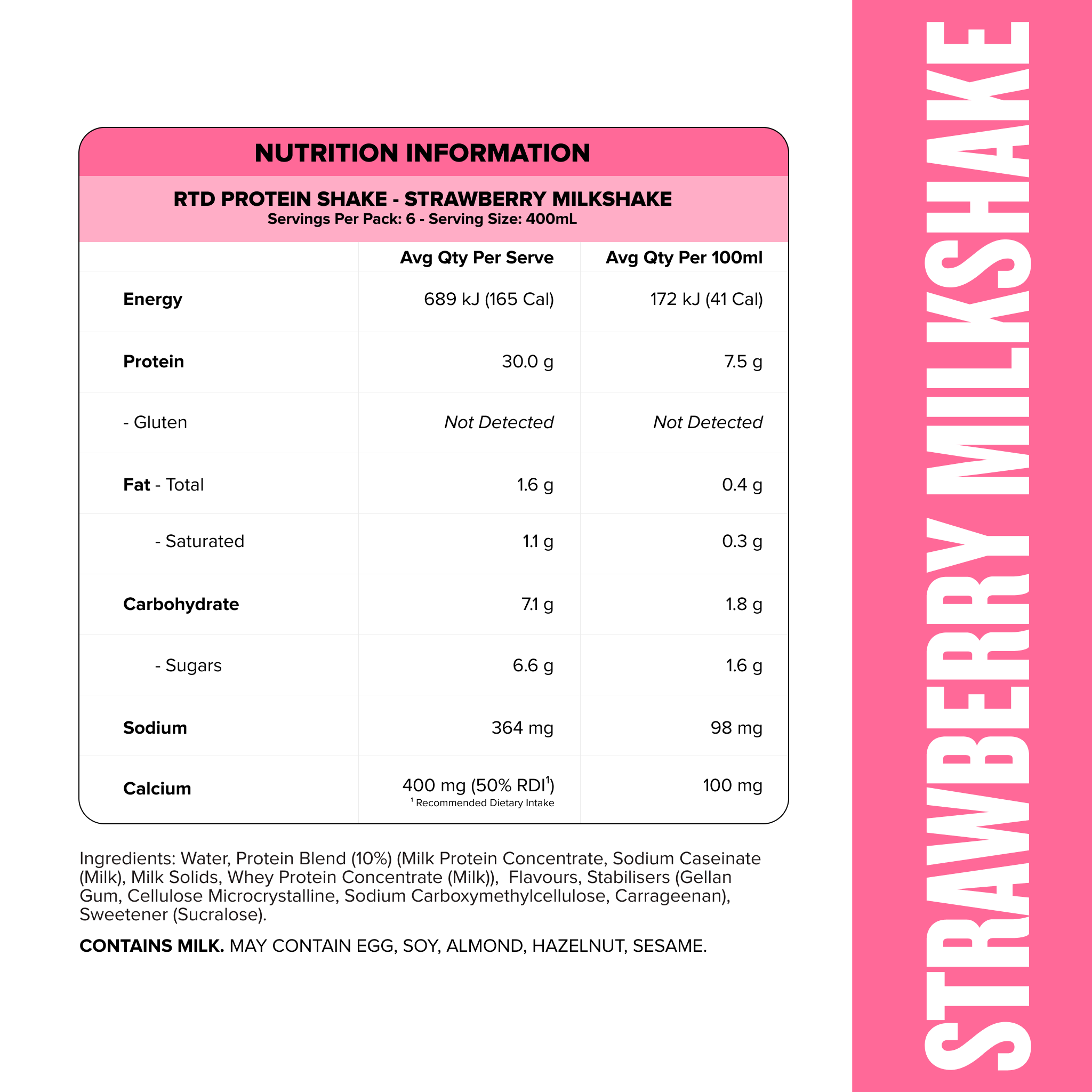 Protein Shake RTD - Strawberry Milkshake 400ml Bottle (6 Pack)-MNSUPPS0364-19359054001784-2-Muscle Nation