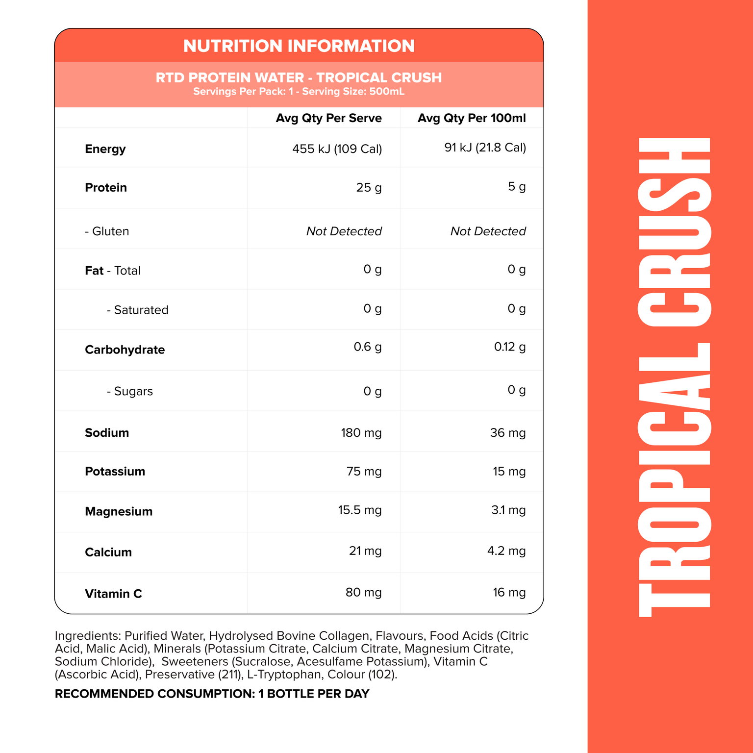 Protein Water RTD - Tropical Crush 500ml (12 Pack)-Ready to Drink-MNSUPPS0359-19359054001814-2-Muscle Nation