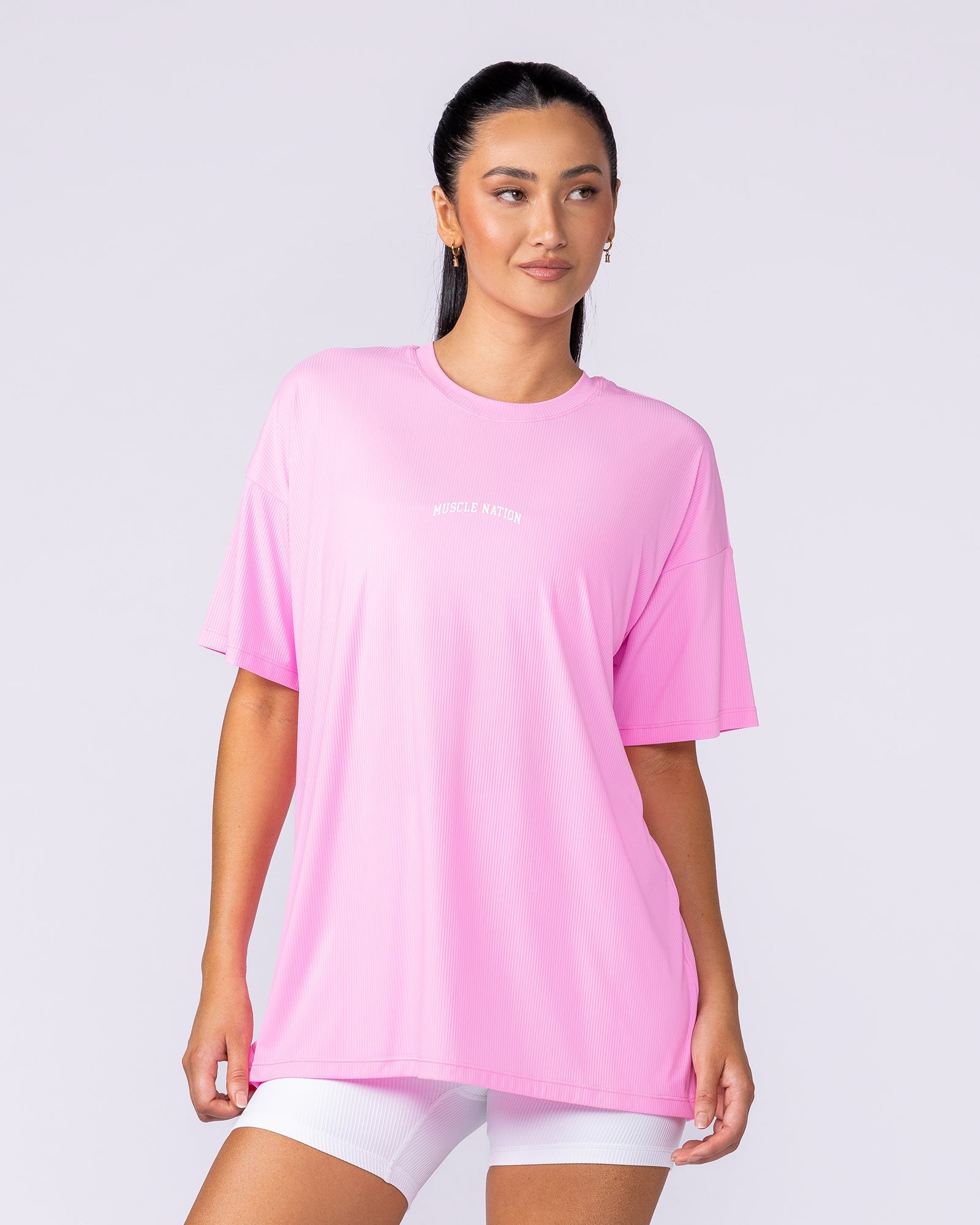 Relaxed Rib Training Tee - Sugar Pink-Tops-XXS-112537SGPK-XXS-MNAPPRL45192-1-Muscle Nation