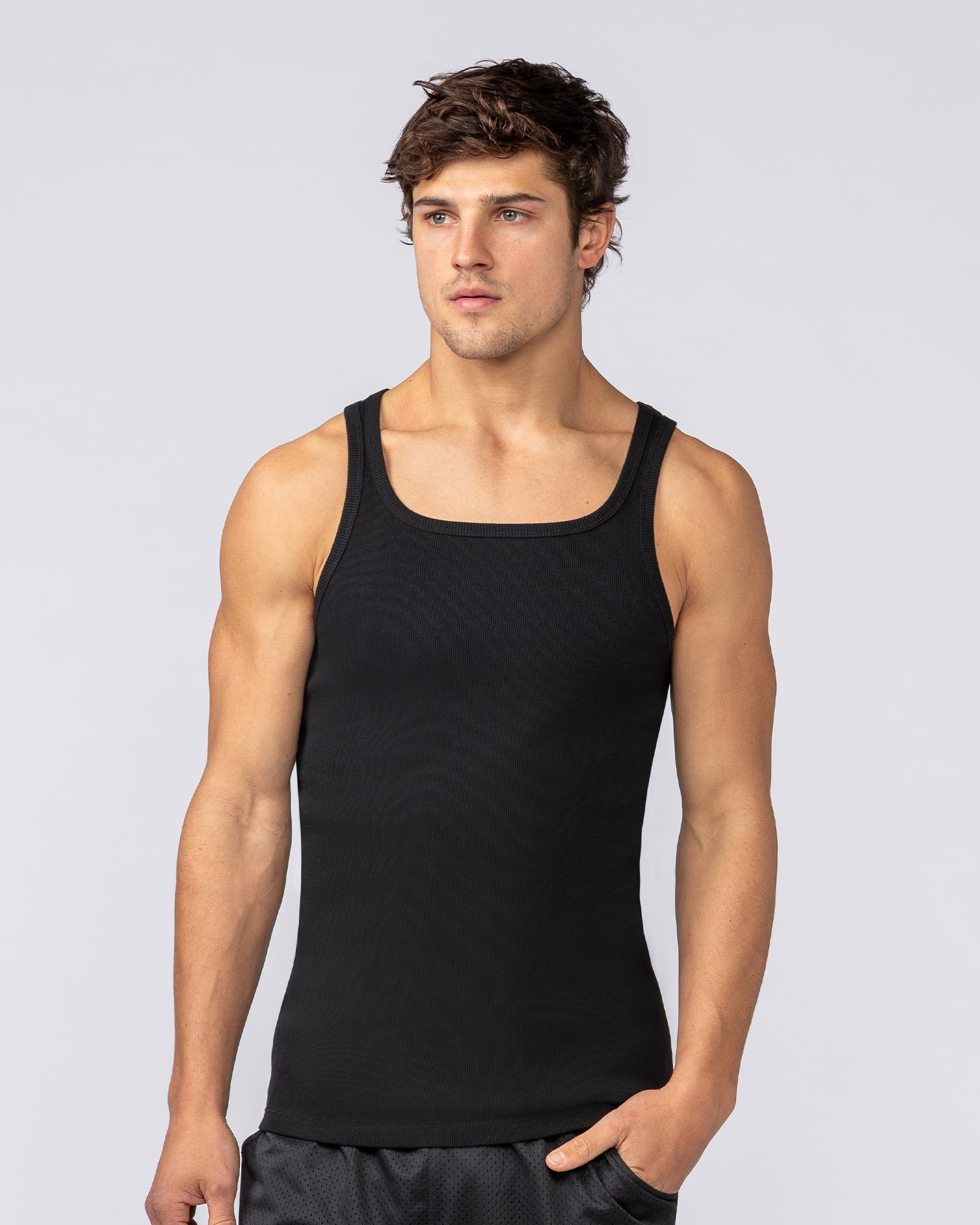Ribbed Fitted Square Neck Training Tank - Black-Singlets & Tanks-S-082523BLK-S-MNAPPRL43834-2-Muscle Nation
