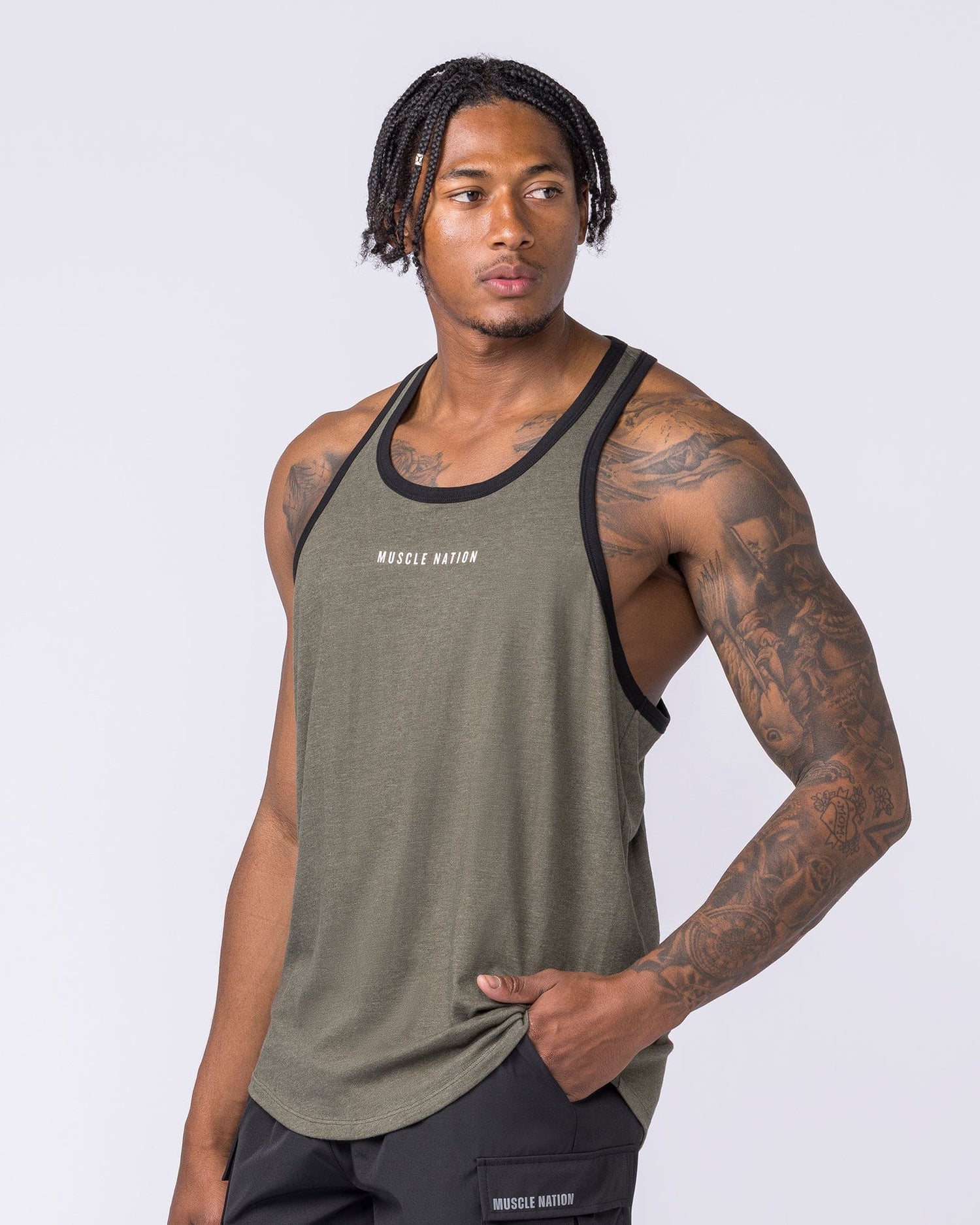 Striker Y Back Singlet Dark Khaki Marl - Muscle Nation men's muscle tank
