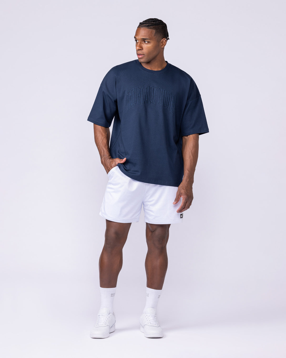 Varsity Oversized Boxy Tee in Navy - Muscle Nation, view 6