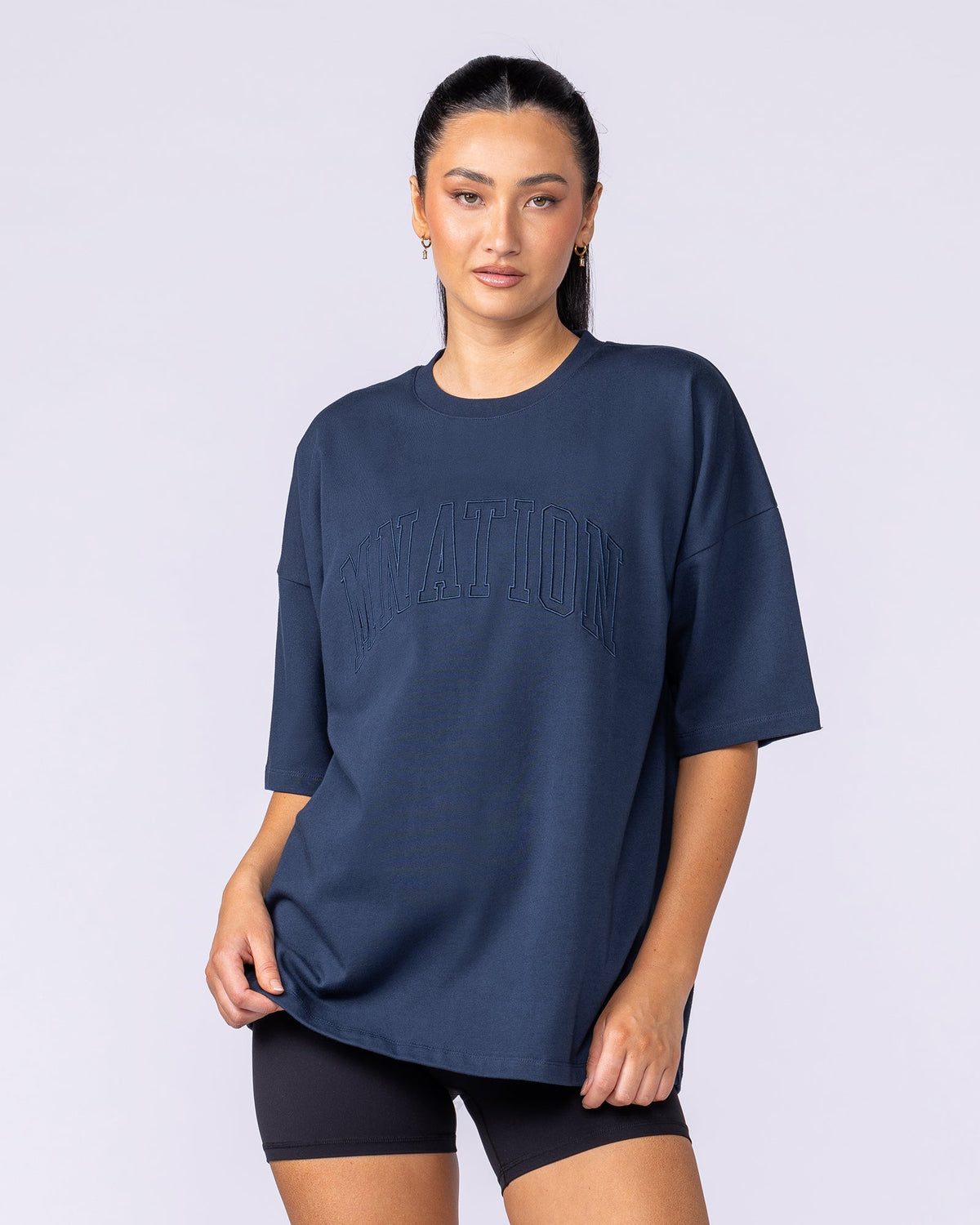 Varsity Oversized Boxy Tee in Navy - Muscle Nation, view 8