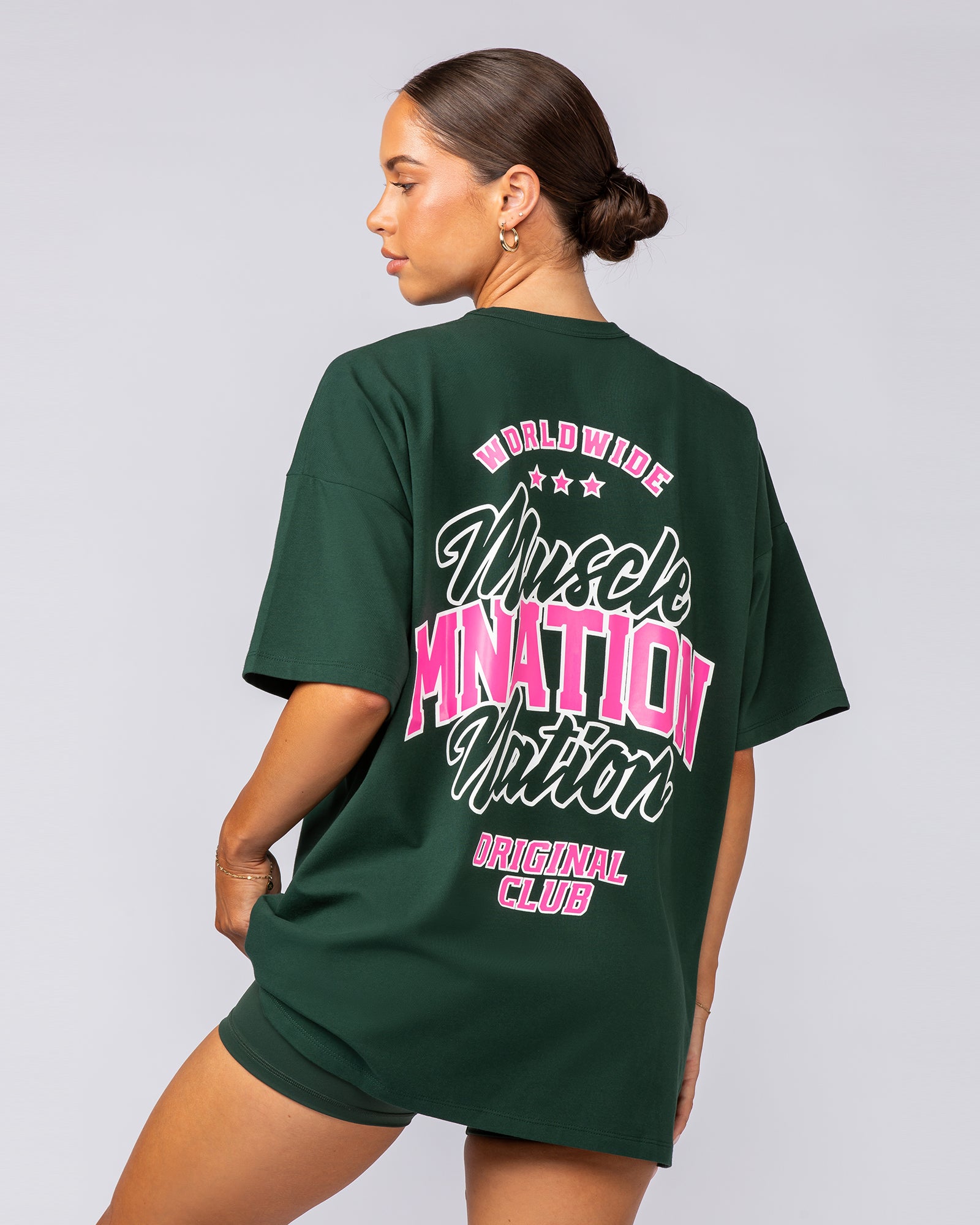 Campus Oversized Tee - Forest Green / Luminous Pink