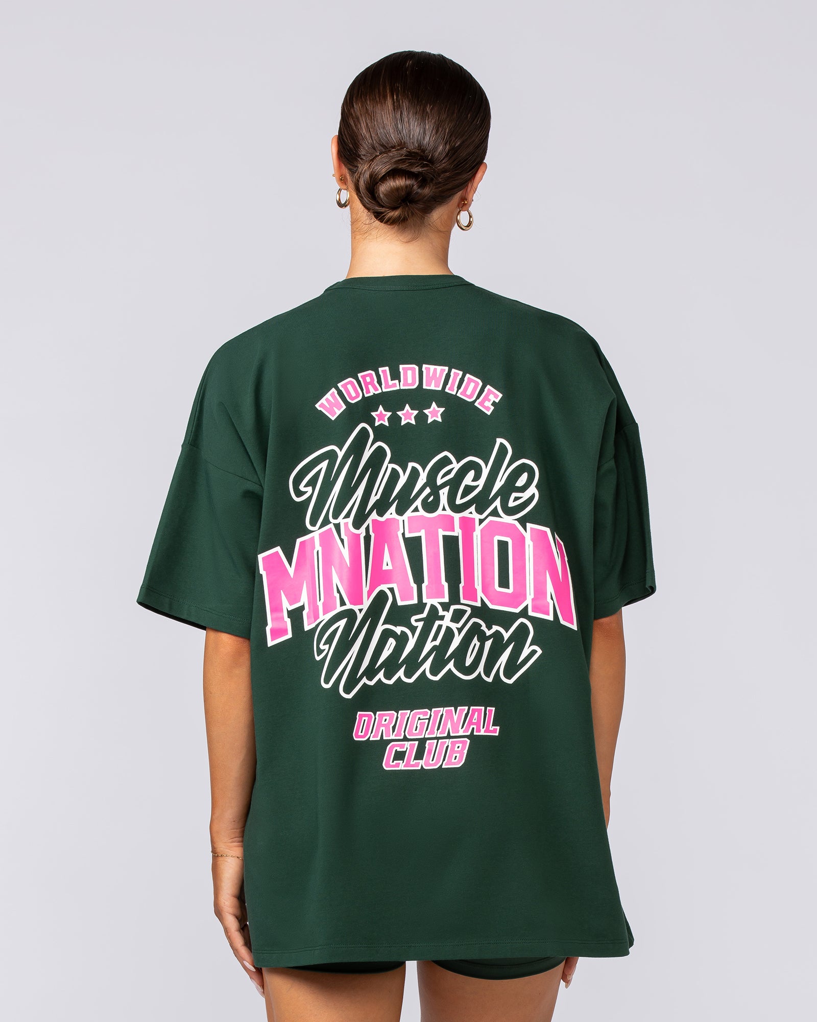 Campus Oversized Tee - Forest Green / Luminous Pink