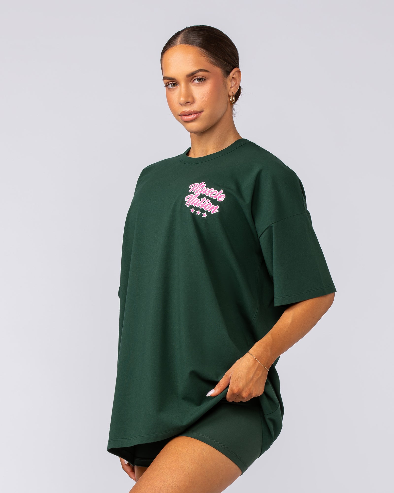 Campus Oversized Tee - Forest Green / Luminous Pink