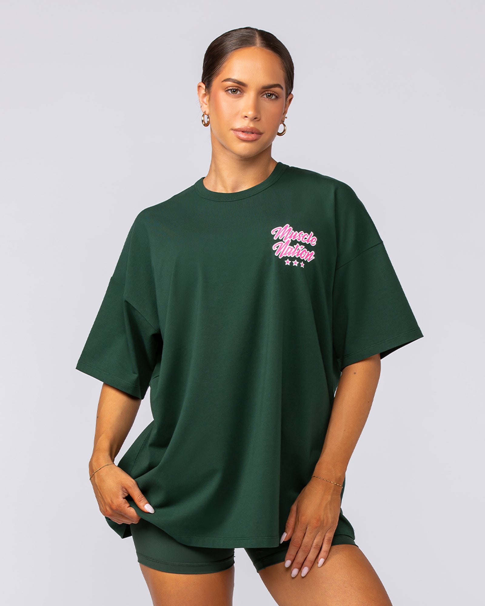 Campus Oversized Tee - Forest Green / Luminous Pink