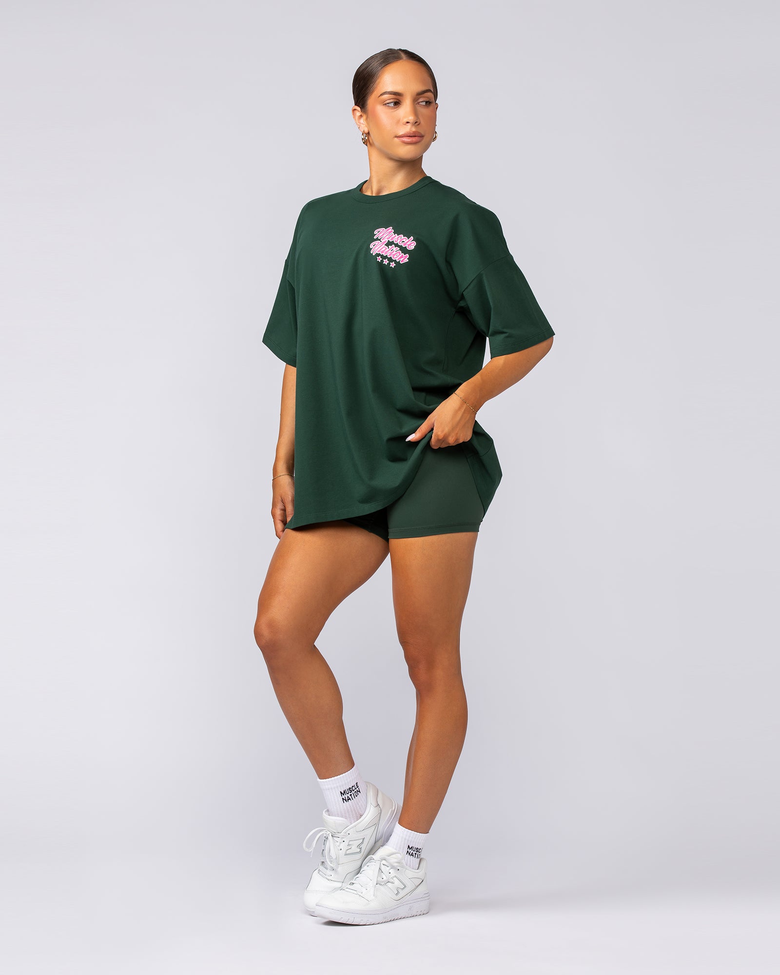 Campus Oversized Tee - Forest Green / Luminous Pink