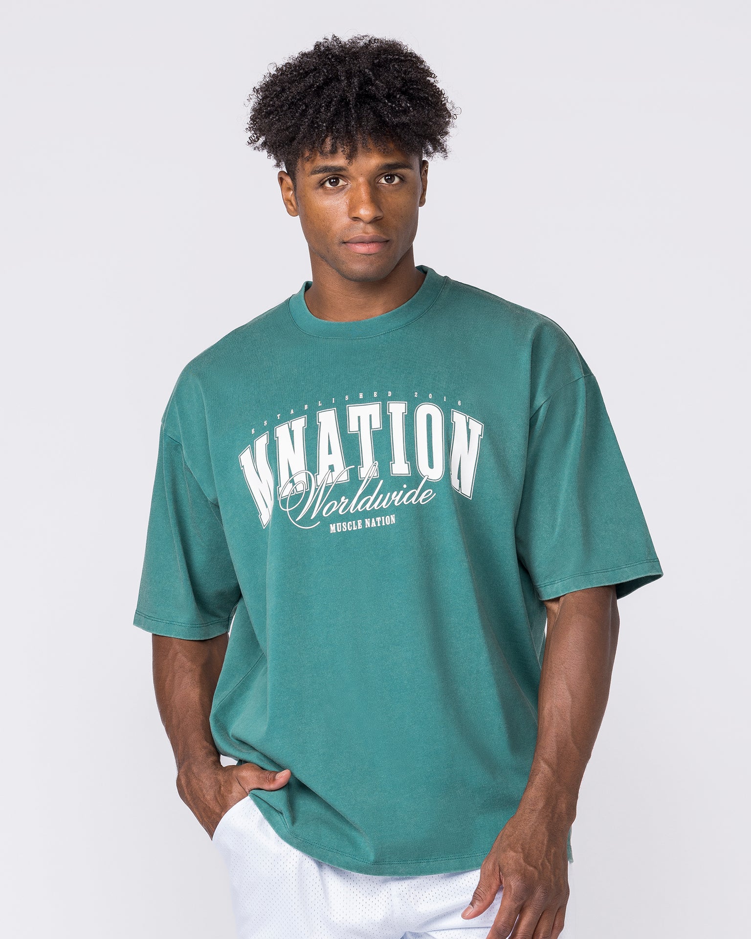 Worldclass Oversized Tee in Washed Leaf - Muscle Nation men's gym tee, view 3