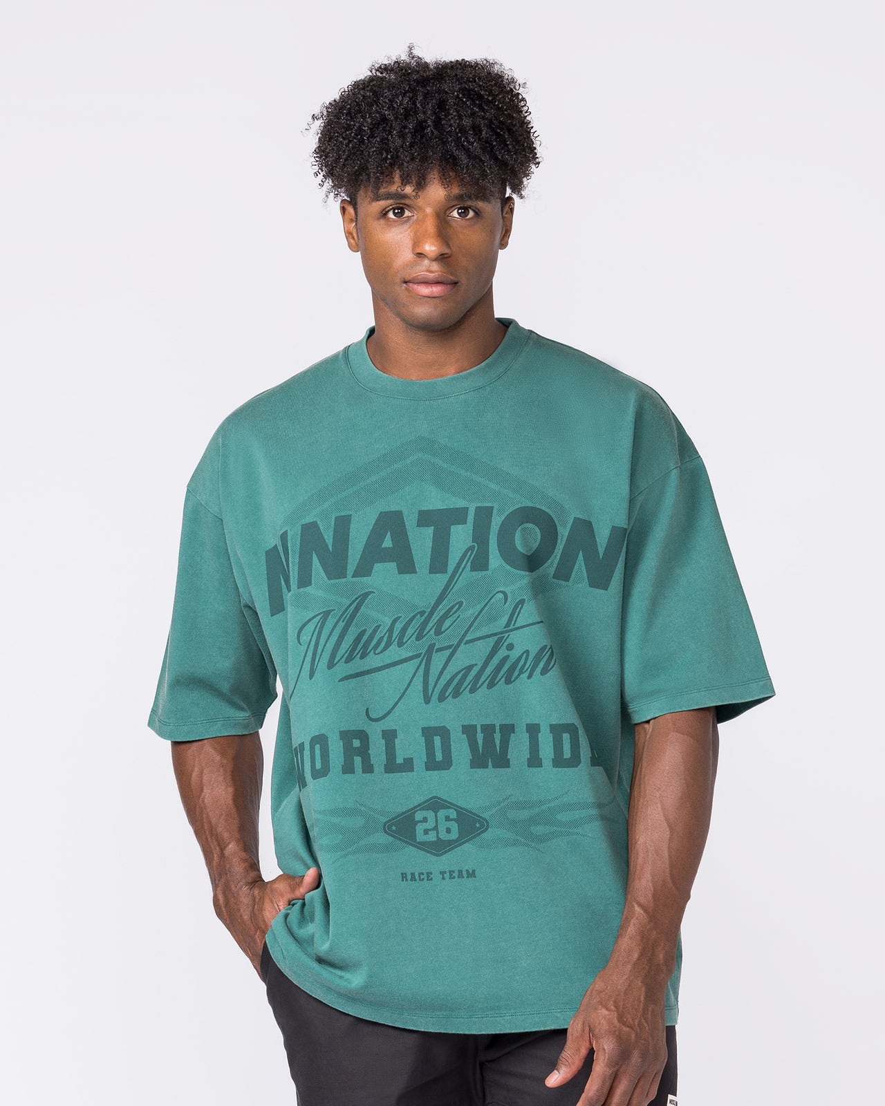 Racing Oversized Vintage Tee in Washed Leaf - Muscle Nation men's gym tee, view 2