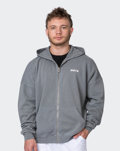 Mens Vintage Oversized Zip Up Hoodie - Washed Dark Castor Grey