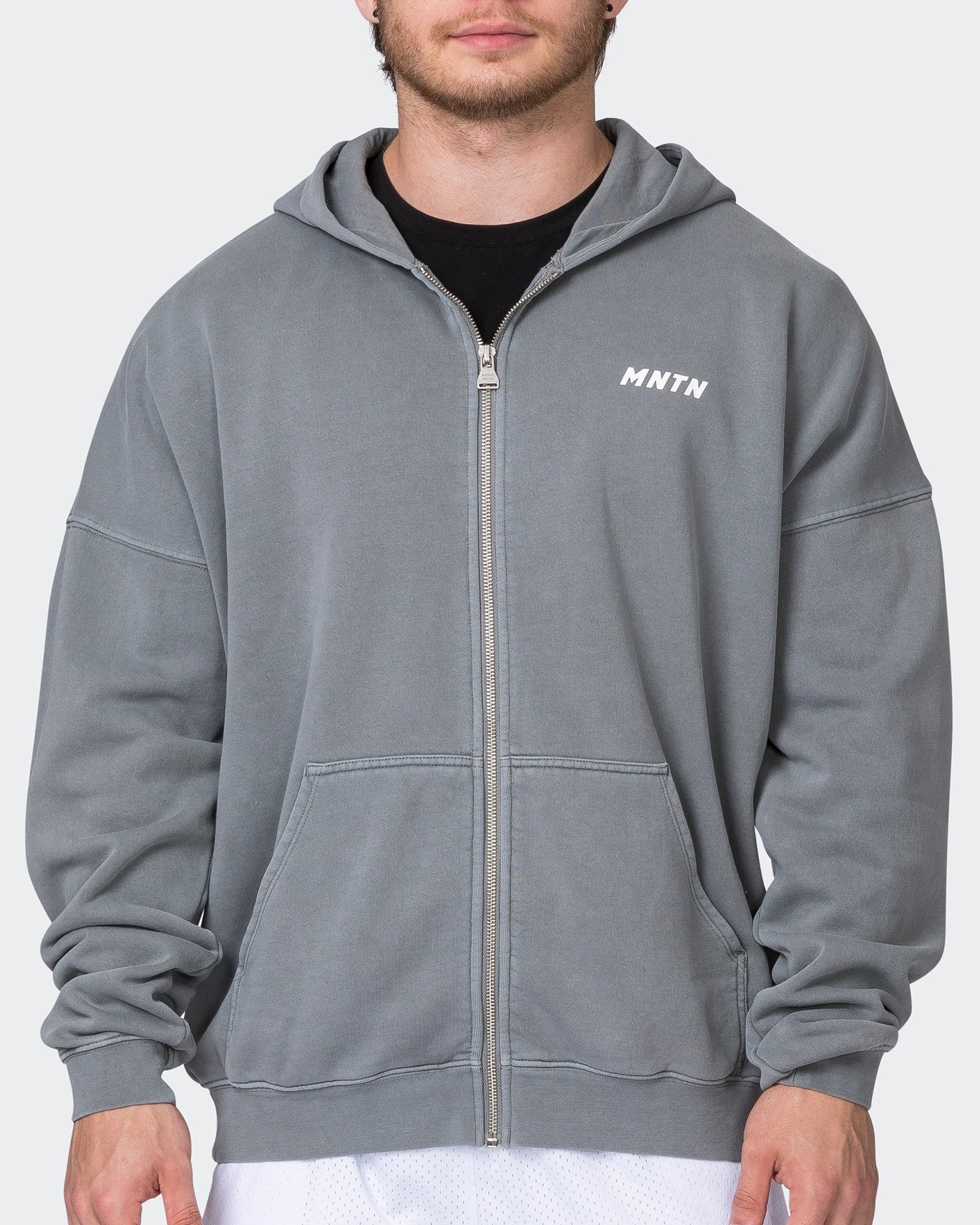 Mens Vintage Oversized Zip Up Hoodie - Washed Black - Muscle Nation