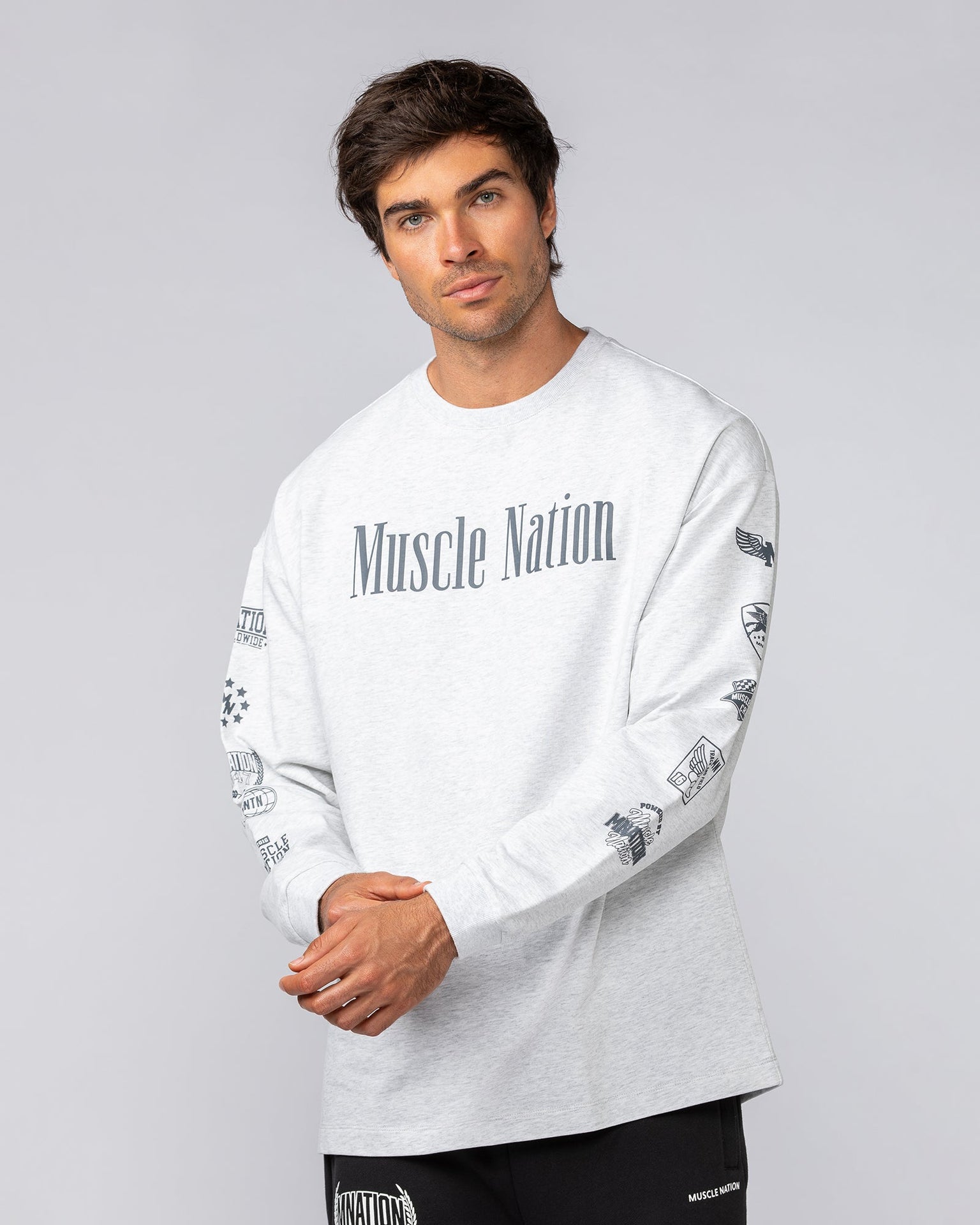 Alpha Loopback Oversized Mens Long Sleeve - Snow Grey Marl-Long Sleeve T-Shirts-S-042503SNGRYMR-S-MNAPPRL41734-2-Muscle Nation