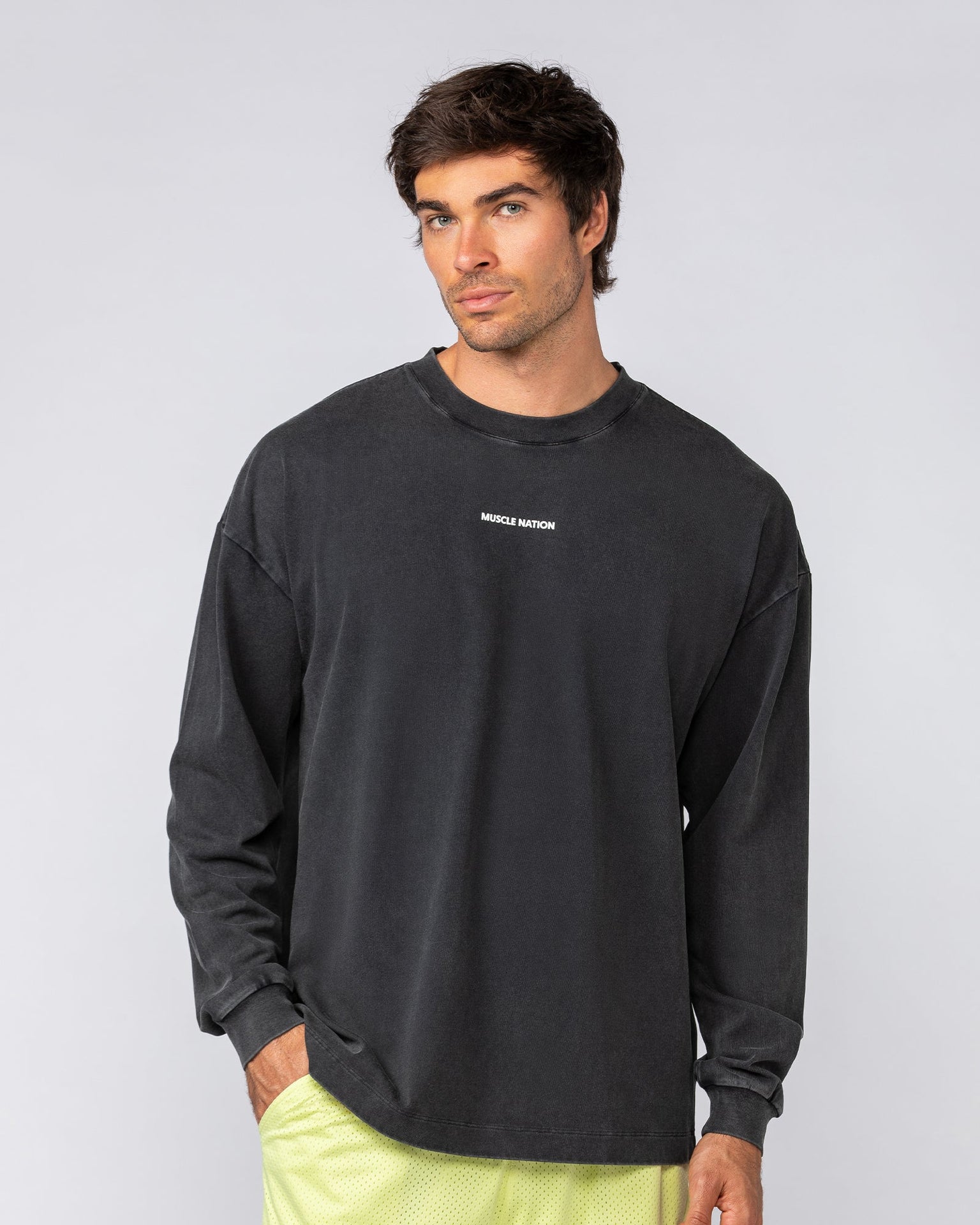 Alpha Oversized Mens Long Sleeve - Washed Black-Long Sleeve T-Shirts-S-042513WSHBLK-S-MNAPPRL41741-1-Muscle Nation