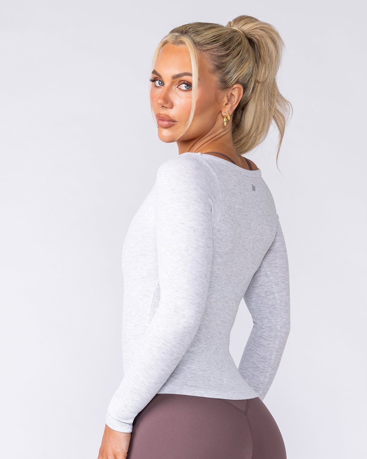 Balance Long Sleeve Rib Top - Light Grey Marl